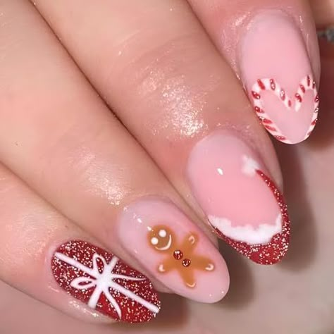 24Pcs Christmas Press on Nails Medium Almond Fake Nails with Xmas Cartoon Designs Glue on Nails Gingerbread Man Santa Hat False Nails Winter Artificial Nails Glossy Stick on Nails for Women Christmas Nail Inspo, Nails Medium Almond, Christmas Press On Nails, Oval Shaped Nails, Santa Nails, What I Want For Christmas, Press On Nails Medium, Nails Love, Christmas 3d