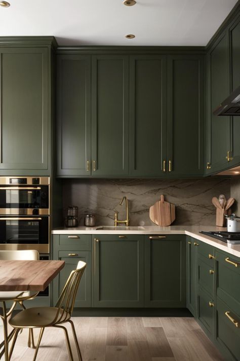 Green And Red Kitchen Ideas, Green And Gold Apartment, Green And Wooden Kitchen, Green And Gold Kitchen, Olive Kitchen, Green Kitchen Designs, Dark Green Kitchen, Sage Green Kitchen, Interior Decoration Ideas