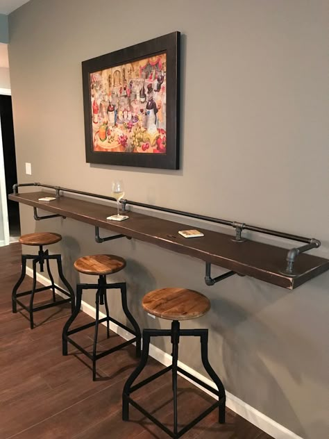 Industrial Black Pipe Drink Rail With Shelf Support Brackets "DIY" parts kit by PipeLineDesignStudio on Etsy Unfinished Basements, Drink Rail, Basement Ceilings, Basement Bars, Pool Table Room, Theater Rooms, Basement Finishing, Bar In Casa, Bar Rail