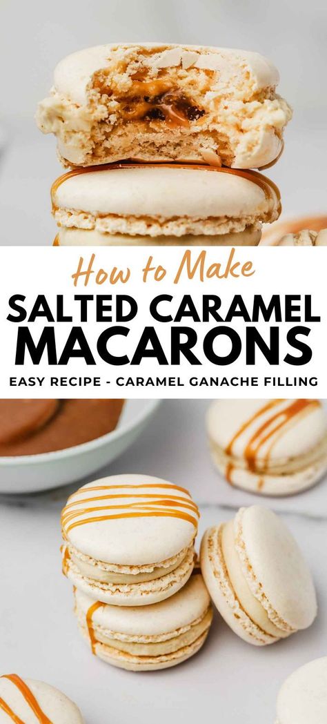 Learn to make Salted Caramel Macarons with our easy recipe. Experience the delight of a flowing heart of homemade salted butter caramel, encased in a whipped white chocolate ganache flavored with salted caramel. This recipe employs the Italian meringue method to ensure a smooth, shiny macaron shell every time. Follow our expert tips for these irresistible gourmet treats. Caramel Macaron Filling, Macarons Salted Caramel, Salted Caramel Macarons Recipe, Italian Meringue Macaron Recipes, Sourdough Macarons, Macroom Recipe, Macrons Recipes Flavors, Chocolate Macaron Filling, Caramel Ganache Recipe