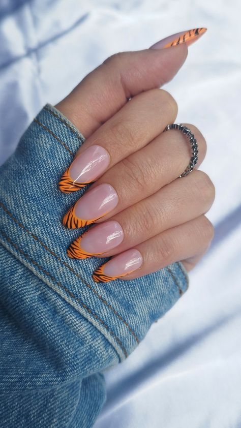 Mizzou Nails, Bengals Nails Designs, Tiger Nails Designs, Tiger French Tip Nails, Orange Animal Print Nails, Tiger Print French Tip Nails, Funky French Tip Nails, Tiger French Nails, Tiger Stripe French Tip Nails