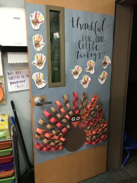 Thanksgiving Themed Classroom Door, November Daycare Door Ideas, Thanksgiving Door For Classroom, Thanksgiving Toddler Door Ideas, Turkey Classroom Decorations, November School Door Decorations, Thanksgiving Door Preschool, Thanksgiving Infant Door Ideas, Thanks Giving Door Decoration