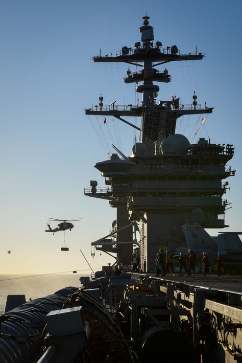 USS Theodore Roosevelt (CVN-71) conducts ammunition onload with tdry cargo and ammunition ship USNS Matthew Perry (T-AKE-9) on Oct. 7, 2017. About 7,500 Sailors and Marines with the Theodore Roosevelt Carrier Strike Group left San Diego Friday morning from San Diego for a scheduled deployment to the western Pacific and Middle East. Nimitz-class aircraft carrier USS Theodore Roosevelt (CVN-71) will join three guided missile destroyers – USS Halsey (DDG-97), USS Sampson (DDG-102) and USS Preble Uss Theodore Roosevelt, Carrier Strike Group, The Last Ship, Naval Force, Navy Mom, Theodore Roosevelt, Friday Morning, Navy Ships, Halsey