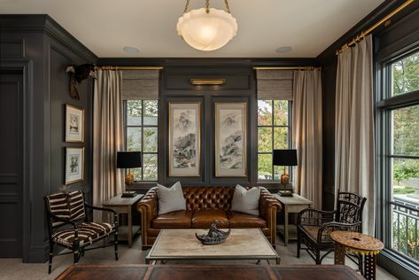 Layered Luxury - Fowler Interiors Colonial Inspired Interior, 20s Inspired Home Decor, Urban Bronze Media Room, Masculine Country Living Room, Dark Grey Family Room, Funky Sunroom, Minimal Luxury Interior Living Rooms, Small Colonial House Interior Design, Gentleman Room