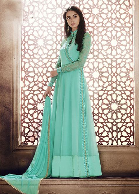 Buy Online Charming Aqua Green Party Wear Anarkali Style Suit Sea Green Anarkali, Bridal Salwar Kameez, Green Anarkali Dress, Angrakha Dress, Bridal Salwar, Georgette Anarkali Suits, Green Anarkali, Salwar Kameez Online Shopping, Floor Length Anarkali