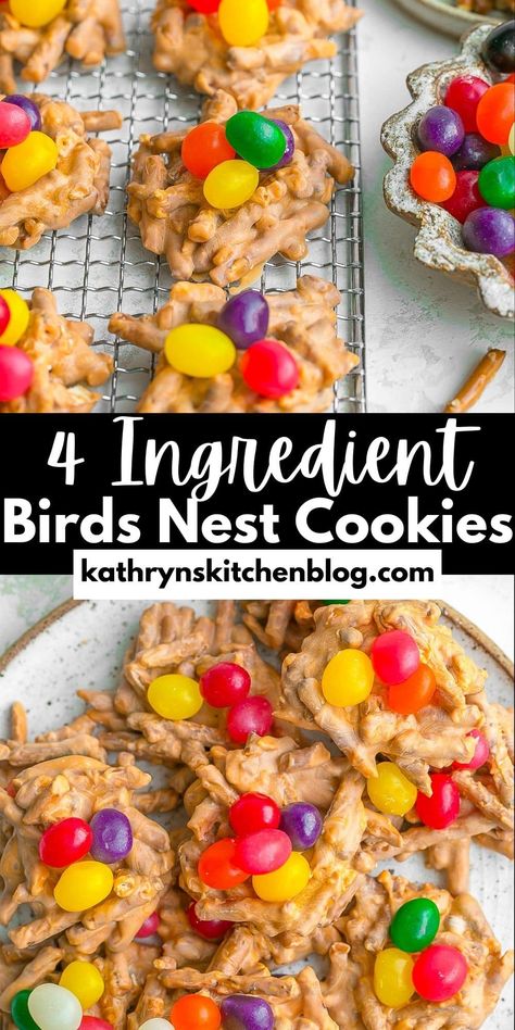 Birds Nest Cookie Recipe (Easy & No-Bake)- Kathryn's Kitchen Fun Rice Krispie Treats, Birds Nest Cookies, Yummy Easter Desserts, Easter Rice Krispie Treats, Homemade Toffee, Carrot Cake Cookies, Candy Egg, Lunchbox Treats, Bird Nests