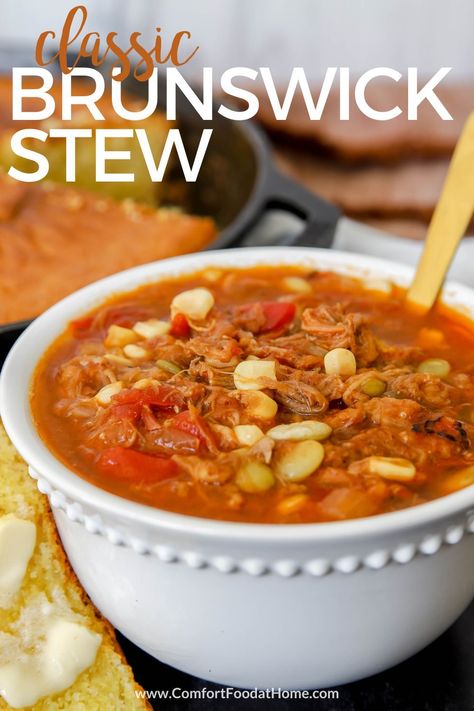 If you ask any Southerner about their favorite comfort foods, chances are Brunswick stew is in the top five. Make bowls full of this soul-warming goodness yourself with my family's Brunswick stew recipe. Traditional Brunswick Stew Recipe, Homemade Brunswick Stew Recipe, Best Brunswick Stew Recipe, Brunswick Stew Recipe, Stew Recipes Crockpot, Slow Cooker Potato Soup, Brunswick Stew, Delicious Slow Cooker Recipes, Food At Home