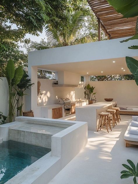 Bali Backyard Ideas Outdoor, Bali Home Exterior, Bali Outdoor Kitchen, Tulum House Exterior, Bali Villa Exterior, Bali House Exterior, Bali Inspired Home Exterior, Modern Bali House, Bali Villa Pool