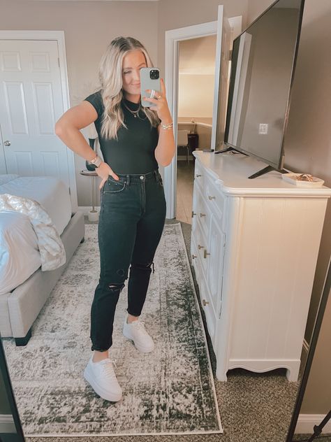 White Sneaker Black Jeans, Black Top Blue Jeans White Sneakers, Black Bodysuit Outfit Jeans Sneakers, Athleisure Jeans Outfit, Vegas Sneakers Outfit, White Platform Sneakers Outfit Fall, Ribbed Top Outfit Casual, Black Body Suit And Jeans Outfit, Platform Nike Outfit