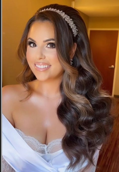 Glam Bridal Hair With Crown, Wedding Hairstyles Pinned Back, Bridal Headband With Hair Down Boho, Head Piece Hairstyle, Wedding Hairstyles For Bride With Headband, Bridal Pearl Headband With Hair Down, Bride Hollywood Waves With Headband, Bridal Hair Styles With Headband, Wedding Hairstyles Down With Headband