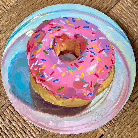 Donut Painting, Avocado Painting, Japanese Food Illustration, Food Art Painting, Food Sketch, Candy Art, Food Painting, Oil Pastel Art, Round Canvas