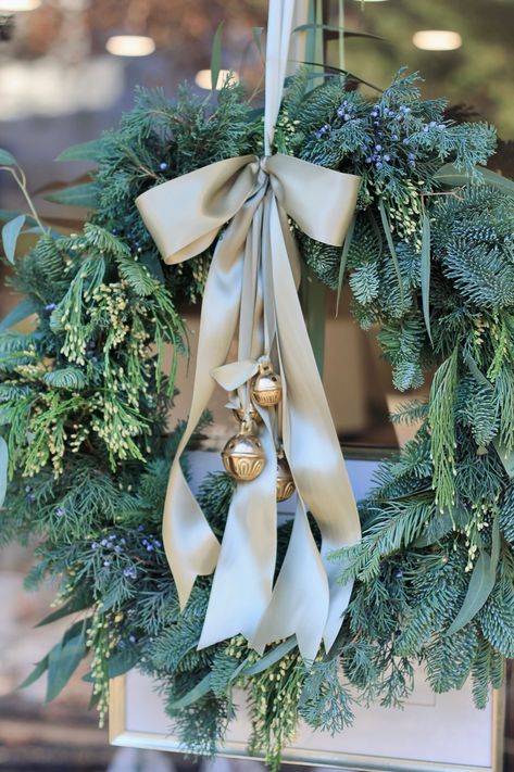 12" Heavy Duty Wire Form with Brackets Snips Floral Wire Steps : Traditional (on store front door) : Create 10 small bundles of greens. I used Noble Fir, Willow Eucalyptus, Incense Cedar & Juniper. I put one sprig of each in the bundle then wrapped the stems together with floral wire. Layer the bundles around the form, overlapping at the stems all the way around. On the last one, you will have to tuck the stems under the first bundle. Bend in wire form to hold bundles to the frame. Wrap the enti Willow Eucalyptus, Wreath Making Supplies, Navidad Diy, Wreath Making, Christmas Porch, Floral Wire, Store Front, Christmas Wreaths Diy, Christmas Love