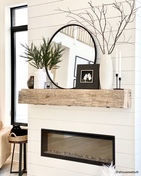 Mantle Decor Modern, A House We Built, Mirror Over Fireplace, Chimney Decor, Farmhouse Mantle, Living Room Fireplace, Living Room Mantel, Fireplace Mantle Decor, Room Fireplace