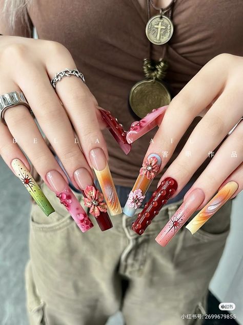 Extravagant Nails Designs, Eccentric Nails, Harajuku Nails, Maximalist Nails, Crazy Nail Art, Coffin Shape Nails, Acrylic Nails Coffin Pink, Unique Acrylic Nails, Bling Acrylic Nails