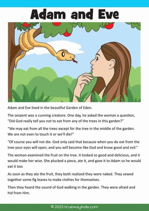 Teach kids about the Fall from Genesis 3 with this Bible story. It's ideal for church or home Bible study and includes study notes, worksheets, games, coloring sheets, and more for kids ages 5-10. Home Bible Study, Fall Sunday School Crafts, Bible Story For Kids, Preschool Bible Activities, Adam And Eve Story, Adam And Eve Bible, Preschool Bible Lessons, Oldest Bible, Toddler Lessons