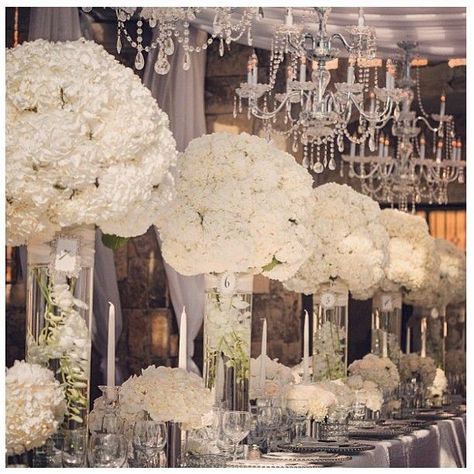 Simply stunning Wedding Reception arrangements using White Hydrangeas, silver and crystal.  Timeless.  Elegant.  Sophisticated.  Black Tie Worthy event decor! Hydrangeas Centerpieces, Hydrangea Centerpiece, Hydrangea Arrangements, Tafel Decor, Quinceanera Ideas, All White Wedding, Shower Themes, Park Wedding, Candle Centerpieces