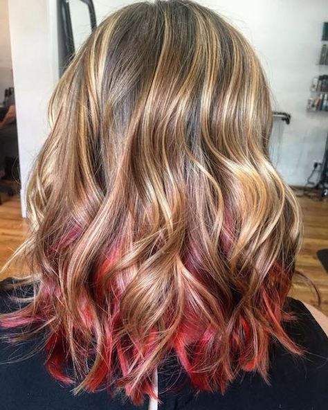 Don’t want this look. Best Highlights For Blonde Hair, Blonde Hair With Red Tips Dip Dyed, Red Highlights For Black Hair, Dark Blonde With Red Highlights, Red Hair Underneath Brown, Blonde Hair With Red Underneath, Boys Blonde Hair, Hair With Red Tips, Red Hair Ends