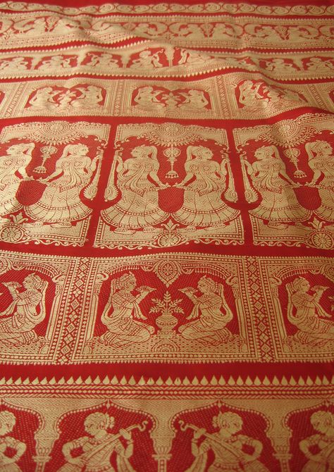 Bansari Saree Design, Banarasi Silk Fabric With Intricate Embroidery For Festivals, Baluchari Saree Silk, Baluchari Saree Motifs, Krishna And Gopis, Festive Banarasi Silk Fabric With Embroidered Border, Bagru Print Motifs, Saree Types, Modern Textiles Patterns