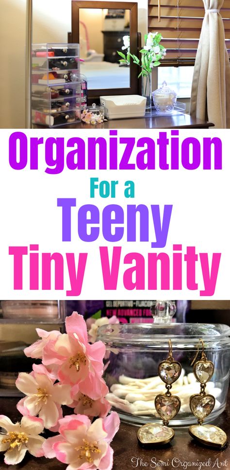 Small Vanity Makeup Organization, How To Decorate A Makeup Vanity, Makeup Organization For Small Spaces, Organize Vanity Top, Small Makeup Vanity Organization, Makeup Organization Diy Small Spaces, Small Vanity Organization Ideas, Organizing Makeup Ideas Small Spaces, How To Organize Makeup Vanity