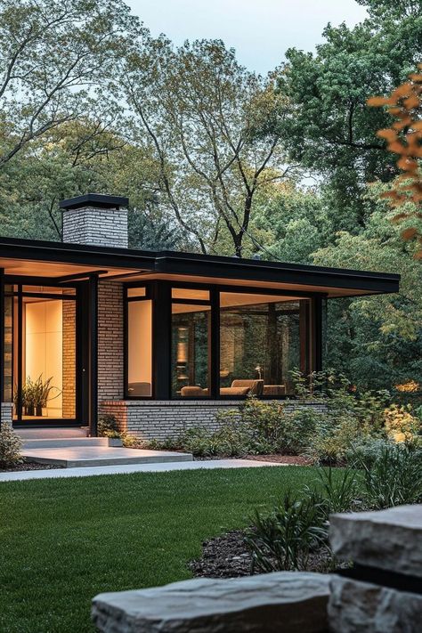 Modern House Flat Roof, Mid Century Modern Windows, Flat Roof House Exterior, Mid Century Modern Bungalow, Small Mid Century House, Mid Century Modern Exterior Makeover, Small Bungalow House Design, Mid Century Modern Homes Exterior, Modern Tiny House Plans