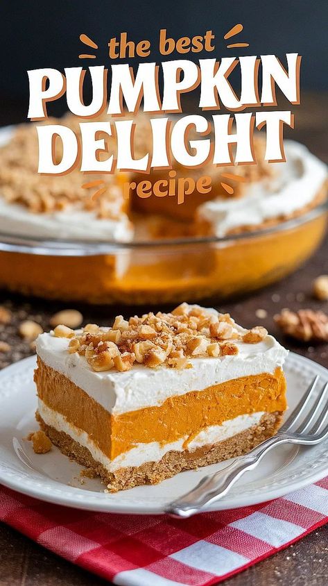 Say hello to your new favorite dessert! This Pumpkin Delight combines spiced pumpkin, creamy layers, and a crunchy crust for a taste of fall heaven. Perfect for entertaining or indulging. Save this recipe for later! Pumpkin Delight Dessert Recipe, Pumpkin Delight Dessert, Delight Dessert Recipe, Layered Pumpkin Dessert, Cracker Dessert, Delight Dessert, Whipped Pumpkin, Dessert Sandwich, Pumpkin Delight