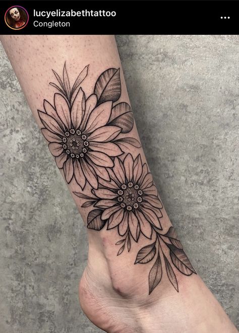 Calf Tattoos For Women Flowers, Sunflower Foot Tattoos For Women, Sunflower Leg Tattoos Women, Sunflower Ankle Tattoo Wrap Around, Sunflower Wrap Around Tattoo, Sunflower Tattoo Ankle, Sunflower Tattoo Design For Women, Sunflower Leg Tattoo, Sunflower Ankle Tattoo