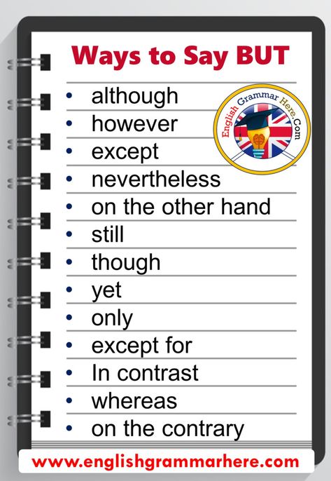 Other Ways To Say BUT in English although Although means “in spite of something”. It  can be used at the beginning or in the middle of a sentence, but it doesn’t have a comma afterwards. Examples Although he is rich, he has no girl friend. Although studying French seems difficult, it’s simpler than you think. Although they have a lot of money, they’re still not happy.   whereas Whereas links two ideas that contrast with each other. It is a conjunction. It is used to highlight an important ... Other Ways To Say But, Ways To Say But, Studying French, Other Ways To Say, English Learning Spoken, Essay Writing Skills, Interesting English Words, Good Vocabulary Words, Good Vocabulary