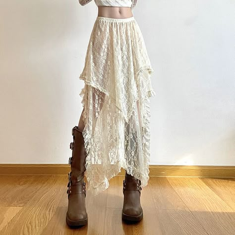 Women Floral Lace Irregular Skirt Midi Ruffle Layered Elastic Waist Boho | eBay Ruffle Lace Skirt, Layered Asymmetrical Skirt, Layered Midi Skirt, Lace Tiered Skirt, Lace Maxi Dress Outfit, Layered Skirt Outfit, Layering Skirts, White Ruffled Skirt, Skirt Layering