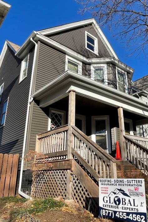 👁️ 🏠 Take a peek at the gorgeous "Twilight Shadow" siding color paired with the contrasting white gutters that we installed for a beautiful home in Chicago! This home's previous wood siding had a significant amount of paint chipping and rotted areas. We provided the homeowner with Plygem's vortex vinyl siding that's both durable and appealing. Save this pin if you love this siding color! #GlobalExteriorExperts #NewSiding #Remodeling #Chicago #Illinois Twilight Shadow Vinyl Siding, Vinyl Siding House, Siding Colors, Roofing Company, Roofing Companies, House Siding, Wood Siding, Vinyl Siding, Remodels