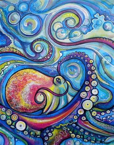 Octopus , colleen wilcox art Neocolor Ii, Octopus Painting, Watercolor Fish, Octopus Art, Art Tropical, Watercolor Abstract, Arte Sketchbook, Sea Art, Tropical Art