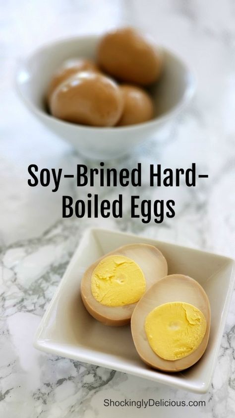 Soy-Brined Hard-Boiled Eggs recipe on ShockinglyDelicious.com Soy Pickled Eggs, Soy Sauce Boiled Eggs, Korean Hard Boiled Egg, Soy Sauce Hard Boiled Eggs, Seasoned Boiled Eggs, Asian Hard Boiled Eggs, Soy Sauce Eggs Hard Boiled, Marinated Hard Boiled Eggs, Asian Keto