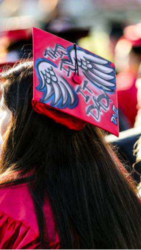 The cap I had done for graduation. #graduationcap #inmemory #dad #graduation #cap Rip Mom Graduation Cap, Tribute Graduation Cap, Graduation Cap Designs For Passed Loved Ones, Graduation Cap Designs For Dad In Heaven, Graduation Cap Ideas For Lost Loved Ones, Graduation Cap For Lost Loved One, Dad Graduation Cap, Senior Caps, Cap Inspiration