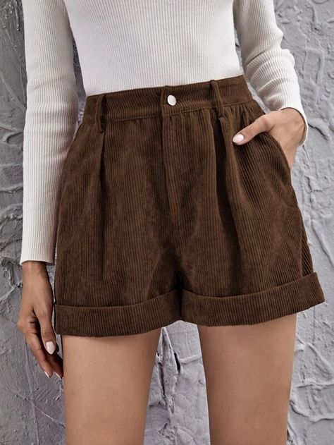 Cuffed Cord Shorts | SHEIN USA Athletic Summer Outfits, Summer Outfits Athletic, Alt Summer Outfits, Streetwear Summer Outfits, Woman Streetwear, Vintage Summer Outfits, Modest Summer Outfits, Corduroy Shorts, Summer Outfits Men