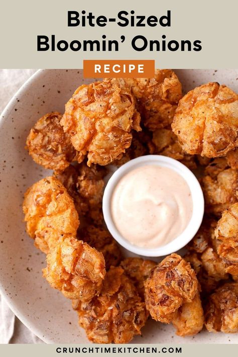 These bite-sized blooming onions are a fun appetizer for any party! Fry them up and get to dipping! crunchtimekitchen.com #fried #appetizers #bloomingonions #outback #copycat #bitesized Fried Appetizers For Party, Mini Air Fryer Blooming Onions, Mini Blooming Onion Recipe, Appetizing Tv Recipes, Mini Blooming Onion, Copycat Appetizers, Bbq Onions, Homemade Dipping Sauce, Fried Appetizers