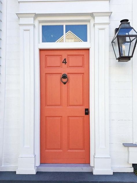 7 Pretty Front Door Colors - Angela Marie Made Orange Front Door Colors, Orange Front Door, Bold Front Door, Orange Front Doors, Grey Front Doors, Exterior Door Colors, Entry Door Designs, Exterior Door Designs, Cottage Front Doors