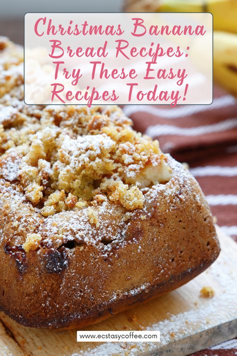 Get in the holiday spirit with these delicious Christmas banana bread recipes! With our easy-to-follow instructions, you'll be baking delicious banana bread in no time. Try one of our recipes today and enjoy your fresh-baked holiday treat! #ChristmasBread #BananaBread #HolidayRecipes Christmas Banana, Christmas Banana Bread Recipe, Christmas Banana Recipes, Christmas Quick Breads Holiday Gifts, Christmas Banana Bread, Holiday Banana Bread, Festive Banana Bread, Christmas Bread Recipes, Festive Bread