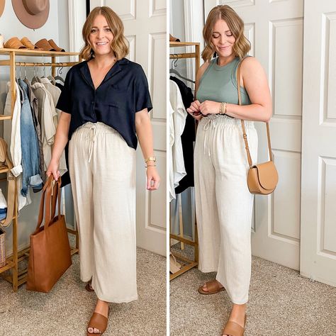 Linen Pants Outfit Professional, Styling Cream Linen Pants, Linen Tapered Pants Outfit, Curvy Linen Pants Outfit, Linen Paper Bag Pants, Summer Work Clothes Business Casual, Lenin Pants Outfit Summer, Midsize Linen Outfits, Dressy Linen Pants Outfit