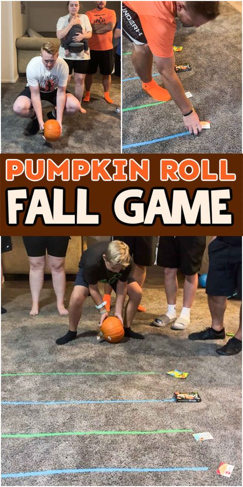 This fun pumpkin roll fall party game will have people rolling pumpkins to win prizes! It's fun, easy to setup, and great for any age! One of the best fall party games out there! Fall Festival Party Ideas, Fall Minute To Win It Games, Fall Games For Teens, Fall Festival Games For Kids, Fall Festival Game Ideas, Harvest Party Games, Fall Festival Activities, Easy Halloween Games, Harvest Games