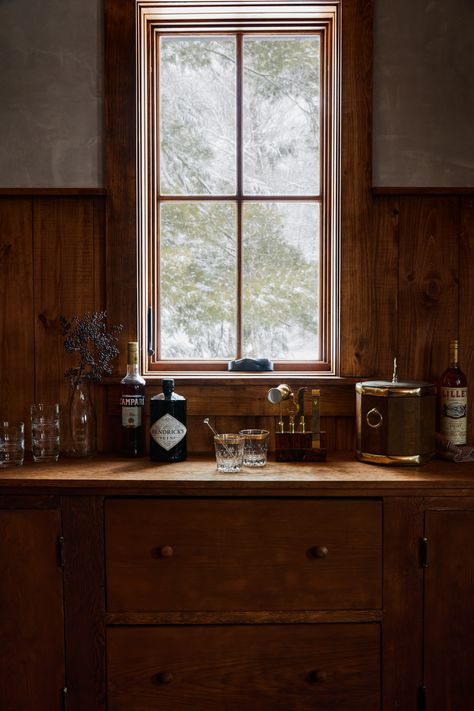 Though it looks original to the house, the bar in the groom’s room is actually new, fashioned by Jersey Ice Cream Co. from the old kitchen cabinets. Old Kitchen Cabinets, Oak Panels, Wood Cladding, Exposed Wood, Old Kitchen, Wood Panel Walls, Mountain Home, Cozy Interior, Ranch House