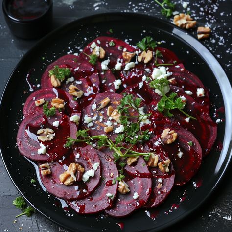 Vegan Beetroot Carpaccio Ingredients: - 4 medium beetroots, peeled and thinly sliced - 2 tablespoons olive oil - 1 tablespoon balsamic vinegar - Salt and pepper, to taste - 1/2 cup walnuts, toasted and roughly chopped - 1/4 cup vegan feta cheese, crumbled - 2 tablespoons fresh parsley, chopped - 1 teaspoon fresh thyme leaves - Zest of 1 lemon Instructions: 1. Preheat your oven to 375°F (190°C). Arrange the beetroot slices in a single layer on a baking sheet lined with parchment paper. Drizz... Beetroot Carpaccio, Vegan Feta, Beetroot Recipes, Cooking Vegetables, Vegan Feta Cheese, Balsamic Dressing, Chic Halloween, Gourmet Vegan, Halloween Dinner