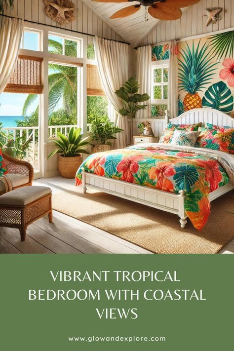 This beach cottage bedroom is bursting with tropical vibes, featuring bright, colorful bedding, lush greenery, and plenty of natural light. The white wooden bed frame and bold patterns bring the beach right into your space, making it feel like a tropical getaway every day. 🌺 #ModernCoastalDecor #TropicalStyle #BeachCottage #BedroomInspiration White Wooden Bed Frame, Caribbean Bedroom, Beach Cottage Bedroom, White Wooden Bed, Tropical Bedroom, Tropical Bedrooms, Modern Coastal Decor, Colorful Bedding, Wooden Bed Frame