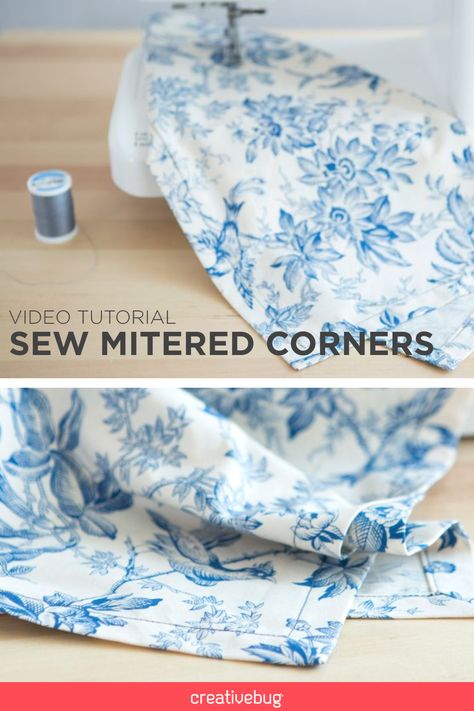 Starting with a square piece of fabric and a home sewing machine, you will learn how to press the edges, mark corners, stitch the miters in place and trim away excess fabric. This easy technique is great for creating cloth napkins and table runners or finishing the edges of any sewing project that has a corner. Sew Mitered Corners, Sewing Mitered Corners, Sewing Challenge, Table Runner Diy, 52 Weeks, Corner Table, Home Sewing, Sewing And Quilting, Mitered Corners