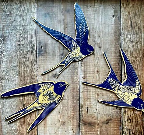 Ceramic Bird Wall Art, Swallow Lino Print, Swallow Linocut, Ceramic Flying Birds, Swallow Art, Phthalo Blue, Wood Printing, Whale Decor, Wooden Whale