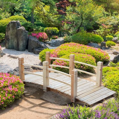 Enhance Your Garden: Place Outsunny's backyard wood bridge over a small stream or garden walkway and add a decorative touch to your outdoor surroundings. Complementary Beauty: The elegant arched garden bridge frame adds an instant and classic charm with its traditionally designed walkway. Security Design: There are curved side rails with three posts on each side of the bridge kit for added security and convenience. This means the footbridge is as secured as it is beautiful. Small Bridges Over Creek, Arched Garden Bridge, Pond Bridge, Small Bridge, Outdoor Ponds, Asian Landscape, Pond Landscaping, Garden Walkway, Wooden Bridge