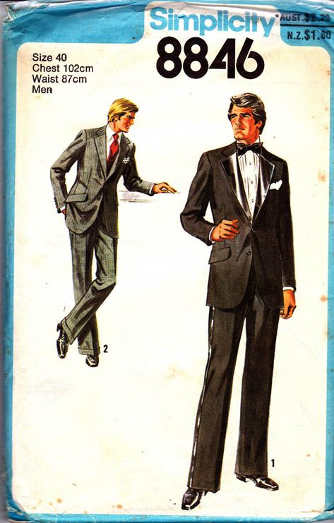 Simplicity 8846; ©1979; Men's Unlined Tuxedo or Suit: V. 1 or 2 jacket with front button closing has notched collar, long set-in sleeves with button trim, back vent, welt pocket, flapped pockets and inside breast pocket. V. 1 has contrasting lapels. The pants with fly front zipper have back welt pocket, pockets in side seams, waistband and self carriers. V. 1 has ribbon trim. V. 2 has cuffs. Vintage Suit Men, Mens Tuxedo, Bond Style, Suit Sewing Patterns, Mens Sewing Patterns, 1970s Men, James Bond Style, 1970s Sewing Patterns, Western Suits