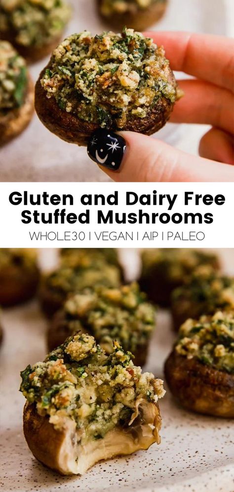 Dairy Free Stuffed Mushrooms, Paleo Stuffed Mushrooms, Gluten Free Stuffed Mushrooms, Healthy Stuffed Mushrooms, Stuffed Mushrooms Vegetarian, Vegan Stuffed Mushrooms, Dairy Free Appetizers, Unbound Wellness, Mushroom Appetizers