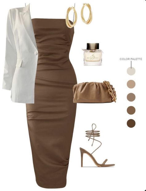 Brown Midi Dress Outfit Casual, Brown Dress With Blazer, Chocolate Dress Outfit Classy, Brown Maxi Dress Outfit Summer, Brown Bodycon Dress Outfit With Jacket, Light Brown Dress Outfit Casual, Brown Dress Jewelry, Chocolate Brown Dress Outfit Casual, Brown Long Dress Elegant