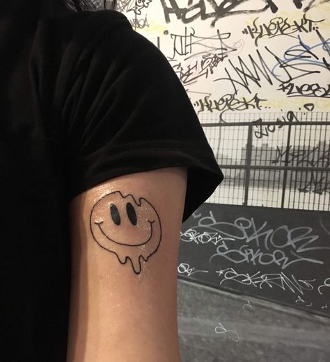 Warped Smiley Face Tattoo, Droopy Smiley Face Tattoo, Smile Emoji Tattoo, Drippy Smiley Face Tattoo, Emoji Tattoo Ideas, Trippy Smiley Face Tattoo, Melting Smiley Face Tattoo, Smile Tattoo Design, Smile Tattoo Ideas