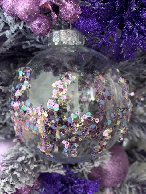 Flocked Slim Christmas Tree, Glue Ornaments, Purple Ornaments, Lavender Christmas, Frosty Forest, Purple Christmas Ornaments, White Xmas Tree, Clear Plastic Ornaments, Flocked Tree