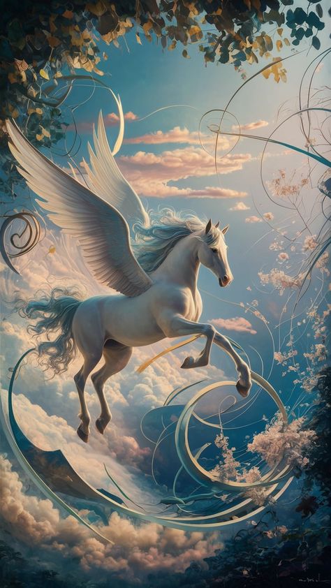 Immerse yourself in a mesmerizing world where a majestic winged horse soars through an Impressionistic sky. With an iridescent mane and vibrant hues, this wallpaper captures the essence of fantasy. Abstract Cubist shapes add dynamism, while floral Art Nouveau patterns enhance the mystical atmosphere. Perfect for nature lovers and dreamers, this stunning wallpaper transforms your space. #Pegasus #FantasyArt #Wallpaper #HomeDecor Pegasus Wallpaper, Art Nouveau Floral Pattern, Art Nouveau Pattern, Winged Horse, Art Nouveau Floral, Fantasy Lovers, Abstract Designs, Sunset Colors, Stunning Wallpapers